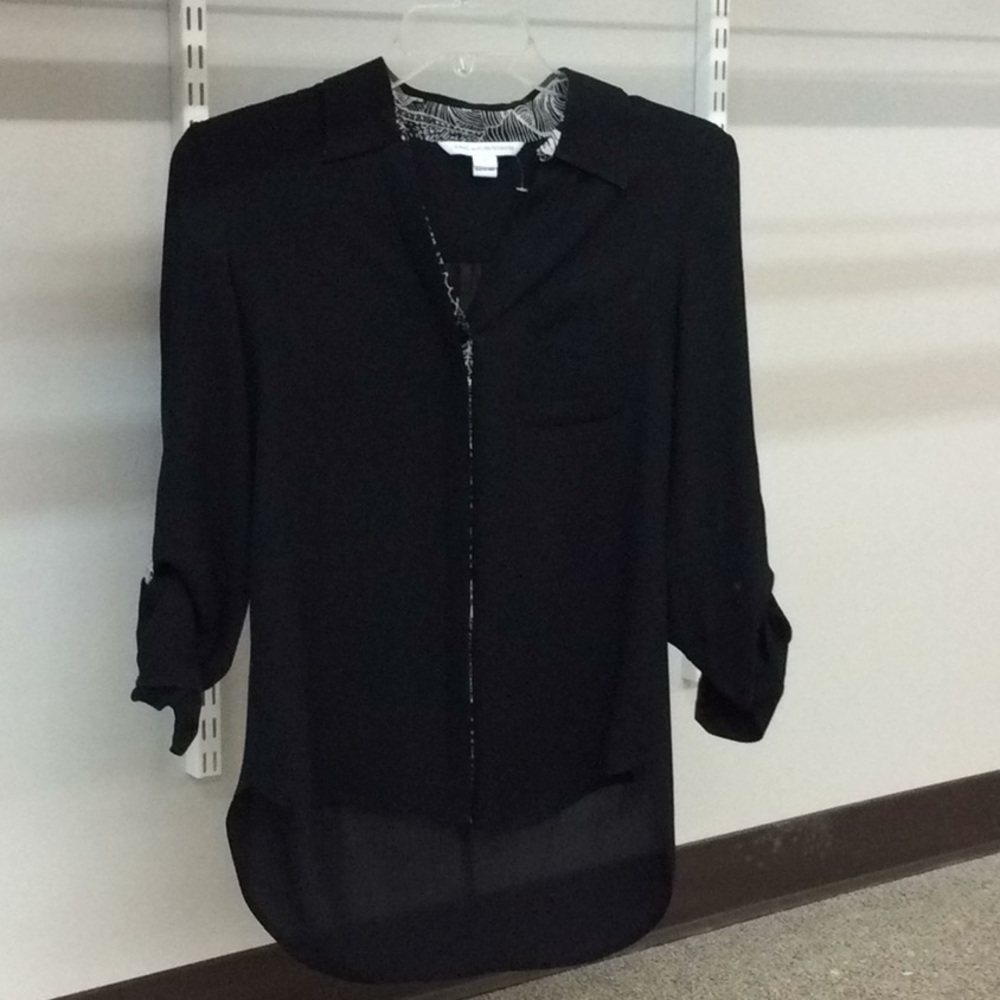 DVF Black Silk Sheer Blouse with Patterned Lining